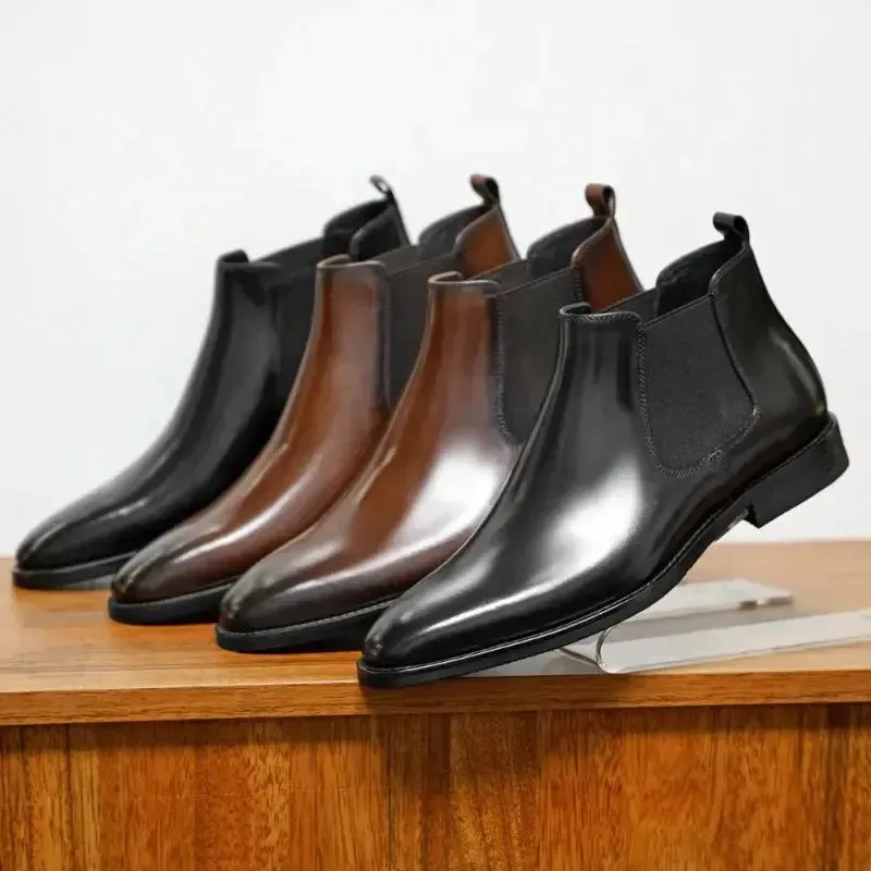 2025 Chelsea Boots for Men Patent Leather Black Buckle Ankle Round Toe Business