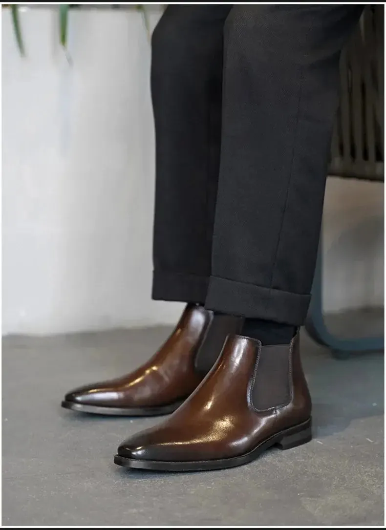 2025 Chelsea Boots for Men Patent Leather Black Buckle Ankle Round Toe Business