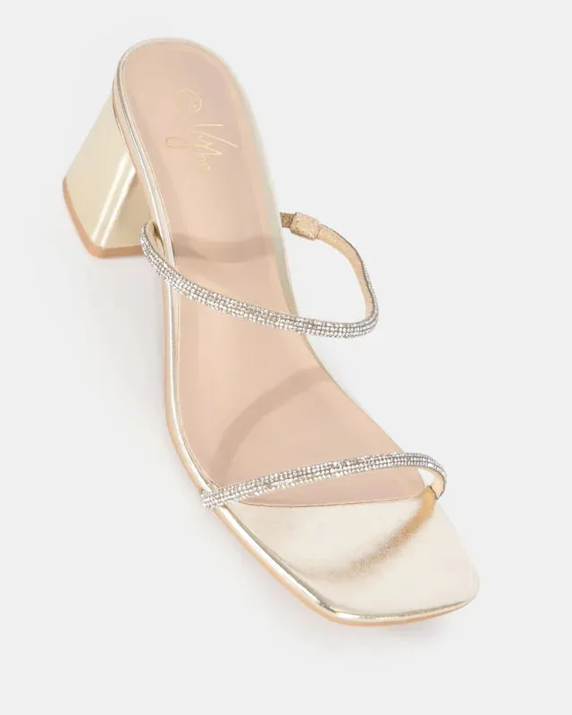 Aquarius Gold Low Block Heel with Diamante strap
