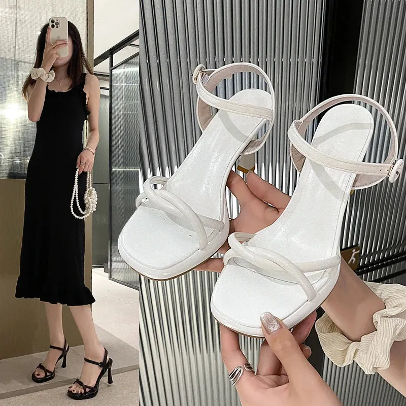 binfenxie 2024 Summer Low Sandals Woman Leather Suit Female Beige Women’s Shoes High Heels Low-heeled Black Comfort New Stiletto Girls