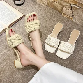 binfenxie  -  Square heel Shoes Slippers Heels Slipers Women Luxury Slides Low Block High 2024 Designer Soft Summer Mature Casual PU Fabric Ro
