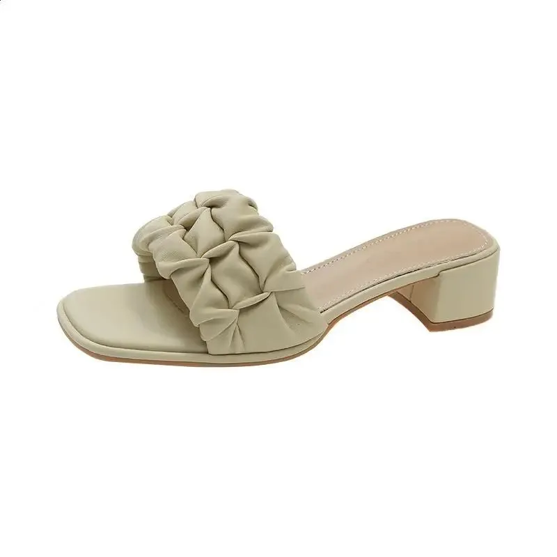 binfenxie  -  Square heel Shoes Slippers Heels Slipers Women Luxury Slides Low Block High 2024 Designer Soft Summer Mature Casual PU Fabric Ro