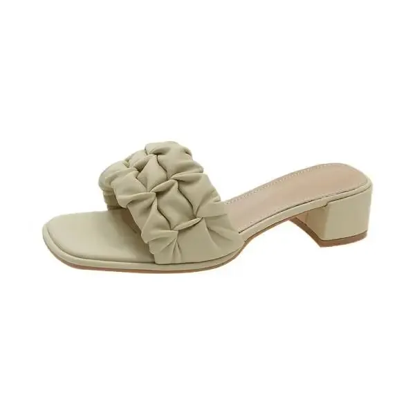 binfenxie  -  Square heel Shoes Slippers Heels Slipers Women Luxury Slides Low Block High 2024 Designer Soft Summer Mature Casual PU Fabric Ro