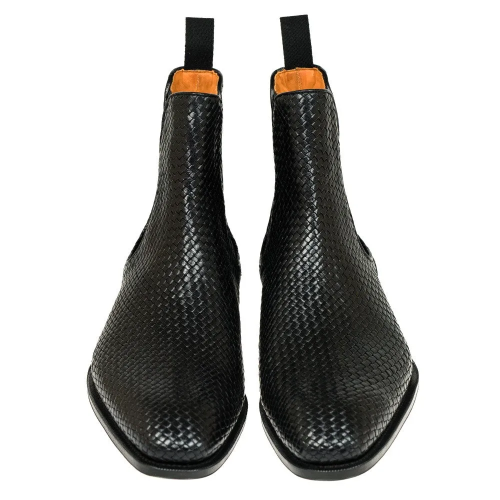 Black Braided Leather Fenland Slip On Chelsea Boots