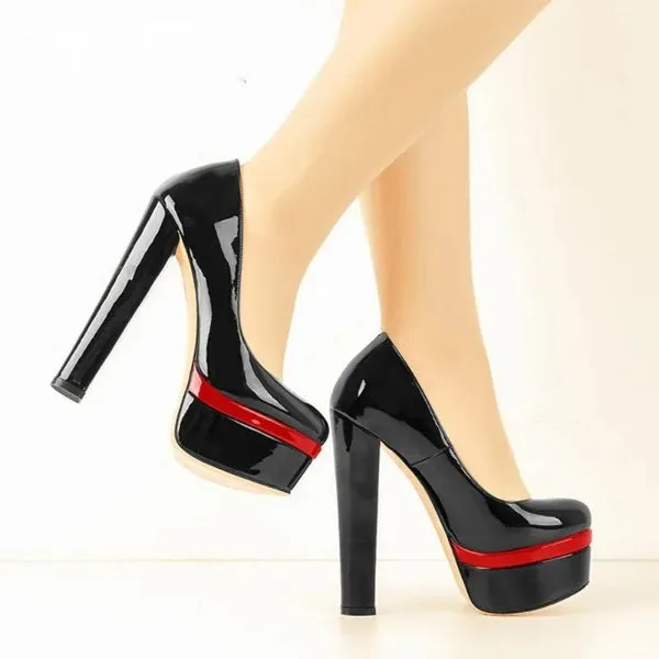 Blue Patent Leather Platform Chunky High Heels