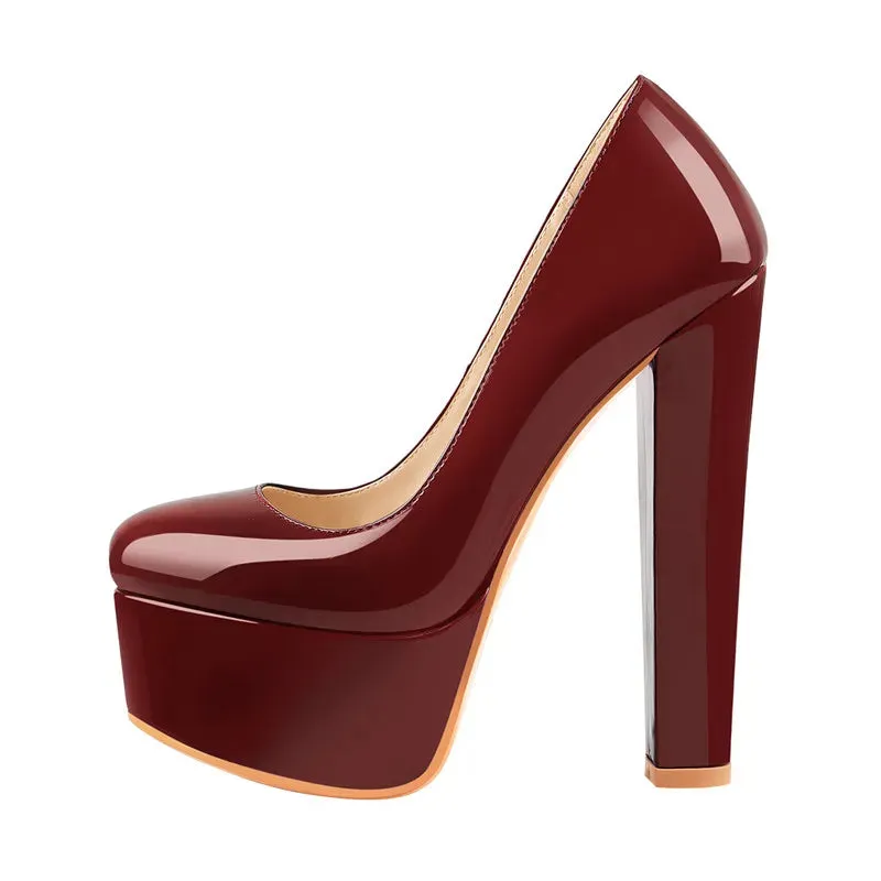 Blue Patent Leather Platform Chunky High Heels