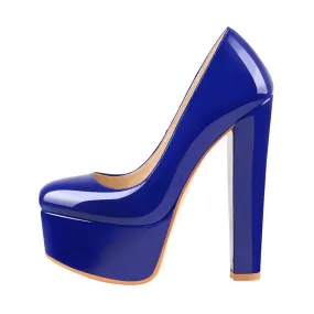 Blue Patent Leather Platform Chunky High Heels