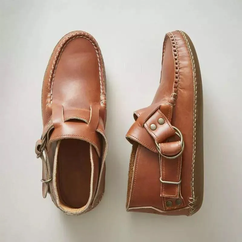 Chicvane New khaki Side Buckle Slip-On Flat Heel Ankle Boots For Women