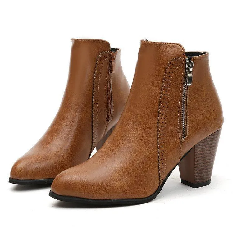 Chicvane New Side Zipper Closure Round Chunky Heel Ankle Boots