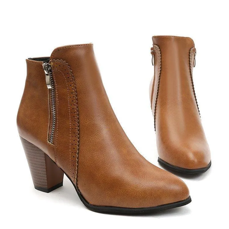 Chicvane New Side Zipper Closure Round Chunky Heel Ankle Boots