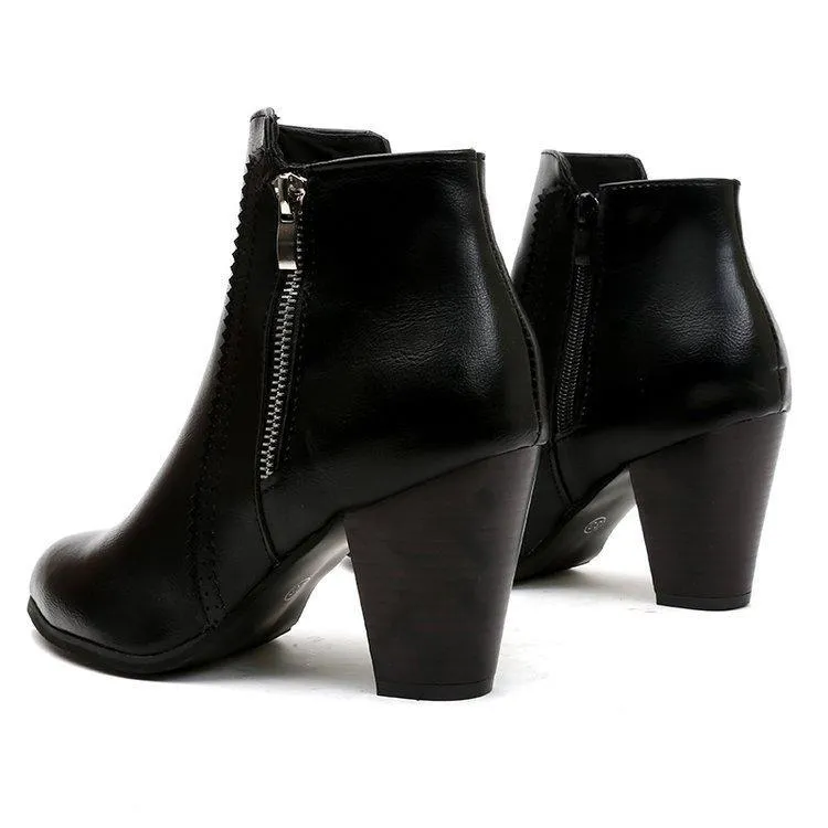 Chicvane New Side Zipper Closure Round Chunky Heel Ankle Boots