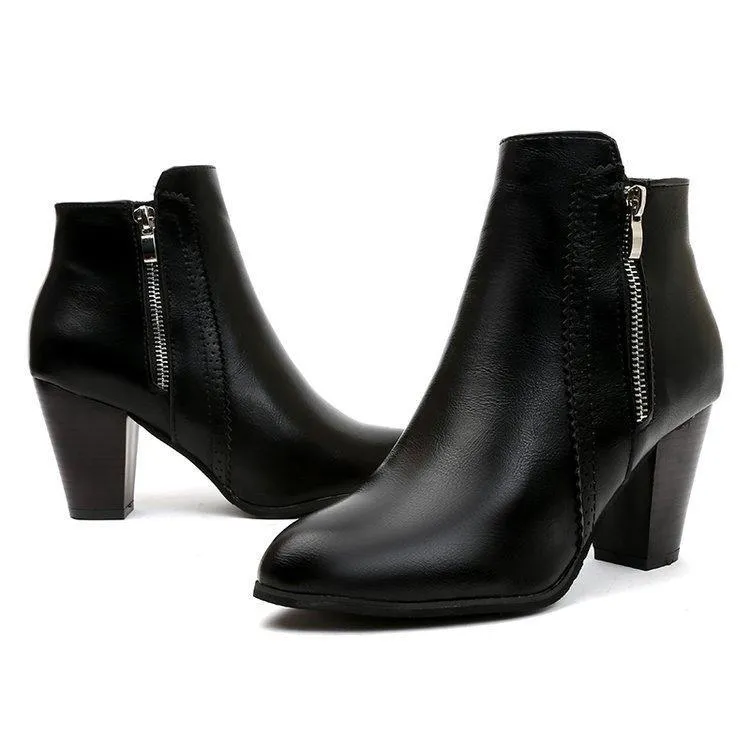 Chicvane New Side Zipper Closure Round Chunky Heel Ankle Boots