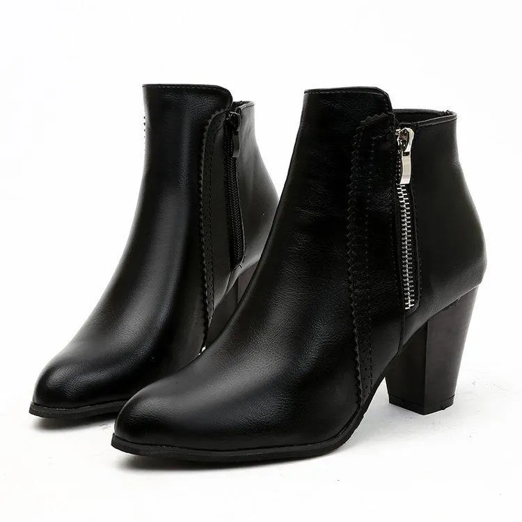 Chicvane New Side Zipper Closure Round Chunky Heel Ankle Boots