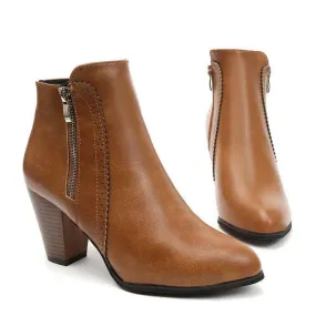 Chicvane New Side Zipper Closure Round Chunky Heel Ankle Boots