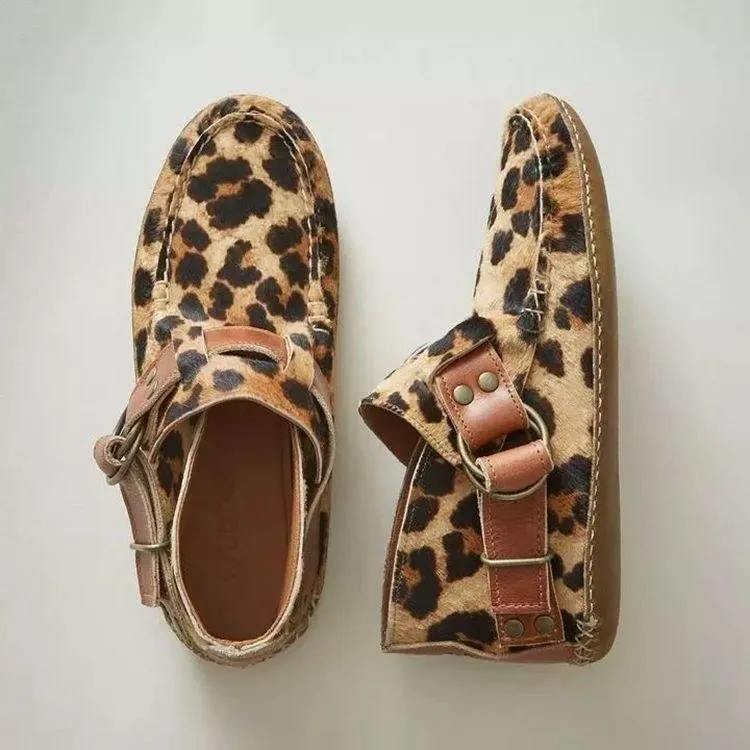 Chicvane Women's Leopard Printed Side Buckle Slip-On Flat Heel Ankle Boots