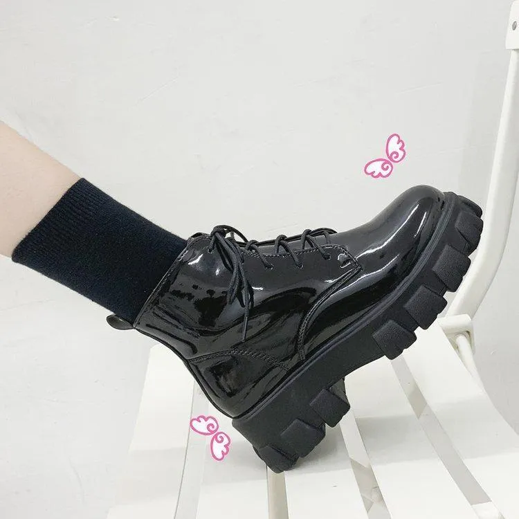 Chicvane Womens PU Martins Boots Chunky Heels Lace Up Combat Boots