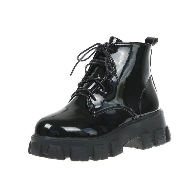 Chicvane Womens PU Martins Boots Chunky Heels Lace Up Combat Boots