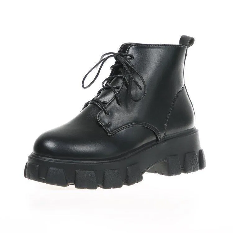 Chicvane Womens PU Martins Boots Chunky Heels Lace Up Combat Boots