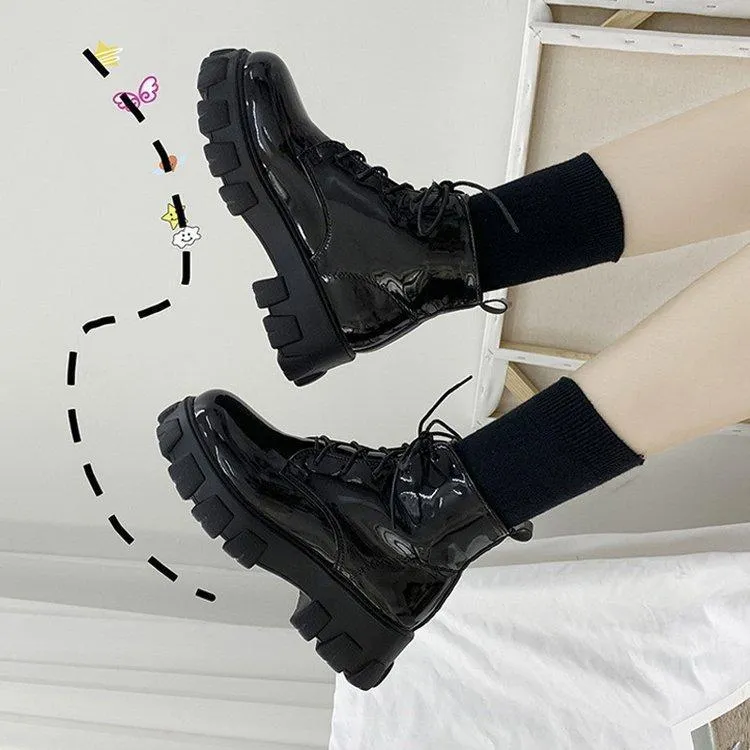 Chicvane Womens PU Martins Boots Chunky Heels Lace Up Combat Boots