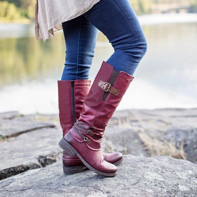 Chicvane Women's Studded Zipper Closure Chunky Heels Mid Calf Boots