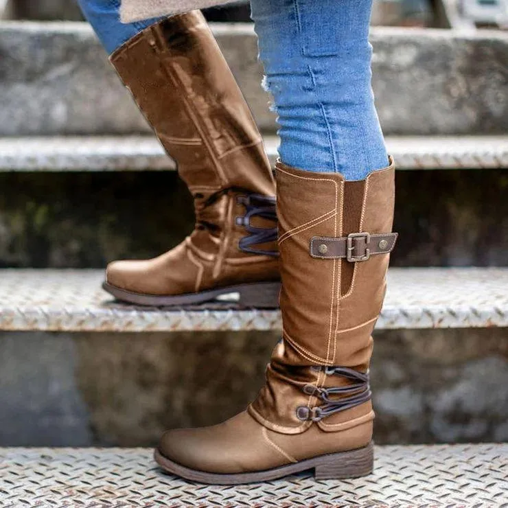 Chicvane Women's Studded Zipper Closure Chunky Heels Mid Calf Boots