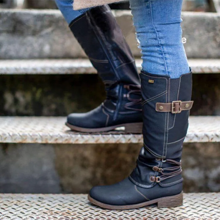 Chicvane Women's Studded Zipper Closure Chunky Heels Mid Calf Boots