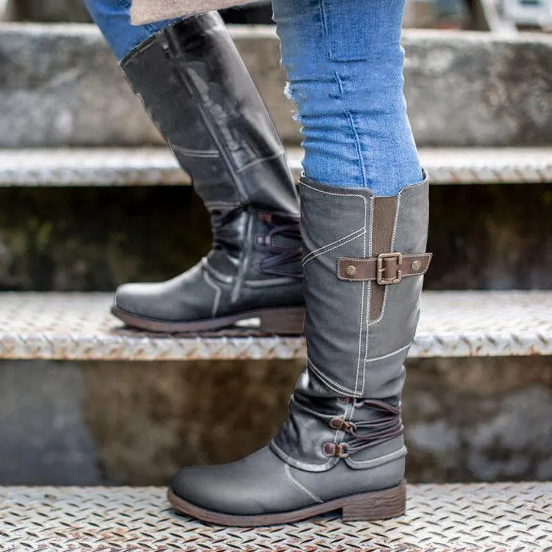 Chicvane Women's Studded Zipper Closure Chunky Heels Mid Calf Boots