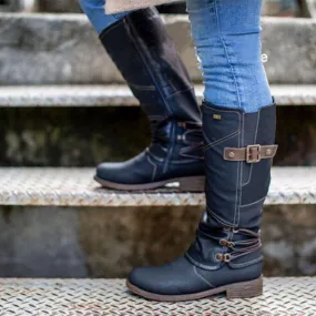 Chicvane Women's Studded Zipper Closure Chunky Heels Mid Calf Boots