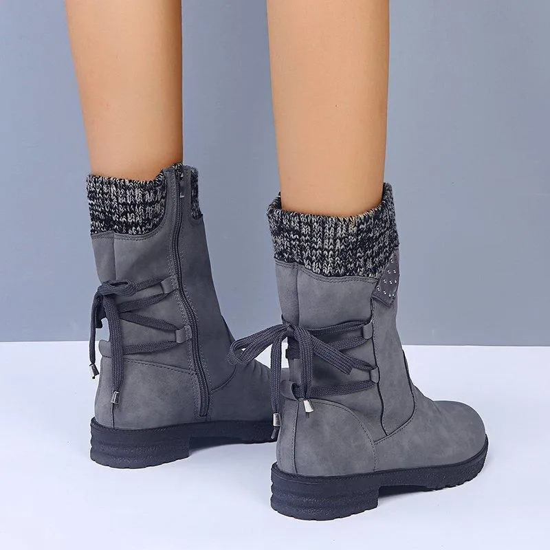 Chicvane Women's Sueded Side Zipper Flat Heel Ankle Boots With Lace