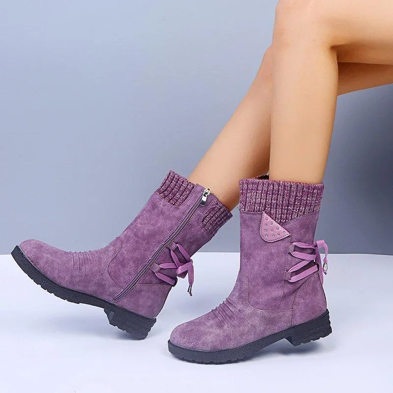 Chicvane Women's Sueded Side Zipper Flat Heel Ankle Boots With Lace