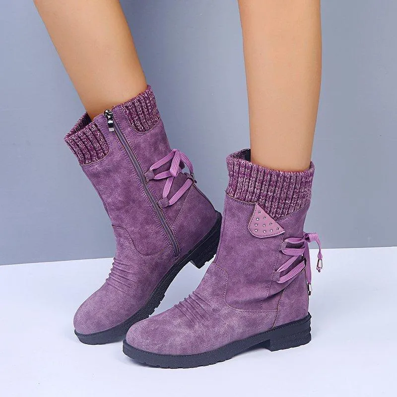 Chicvane Women's Sueded Side Zipper Flat Heel Ankle Boots With Lace