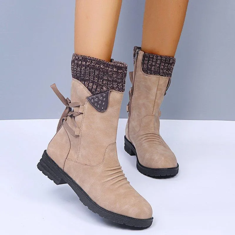 Chicvane Women's Sueded Side Zipper Flat Heel Ankle Boots With Lace