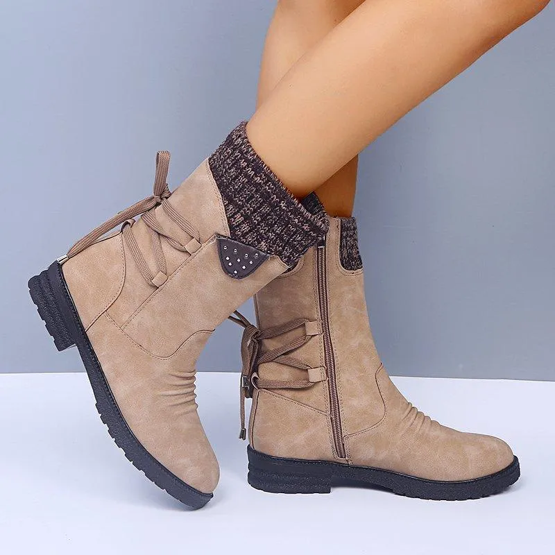 Chicvane Women's Sueded Side Zipper Flat Heel Ankle Boots With Lace
