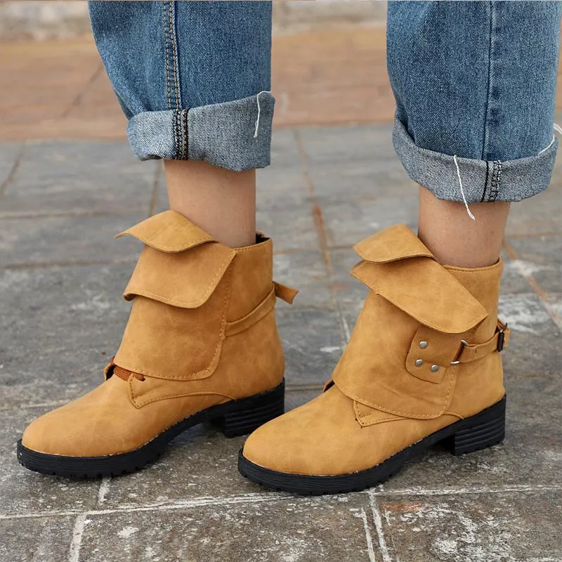 Chicvane Women's Winter Flat Buckle Retro Ankle Martin boots With Rivet
