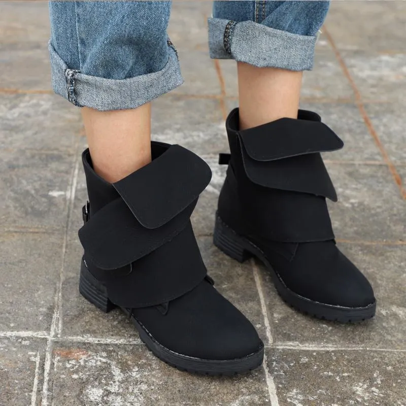 Chicvane Women's Winter Flat Buckle Retro Ankle Martin boots With Rivet