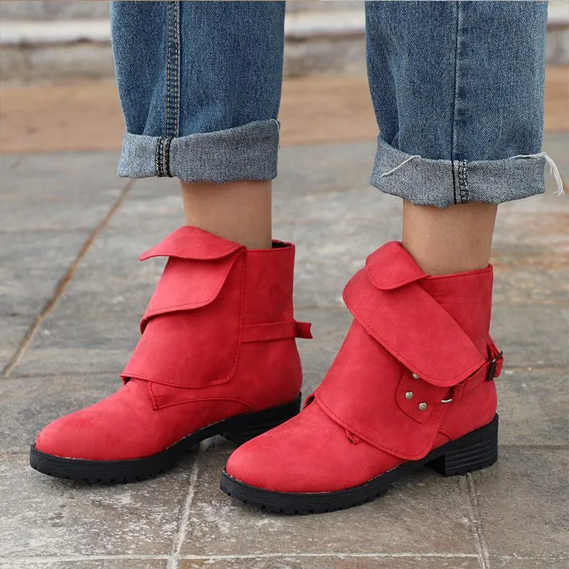 Chicvane Women's Winter Flat Buckle Retro Ankle Martin boots With Rivet