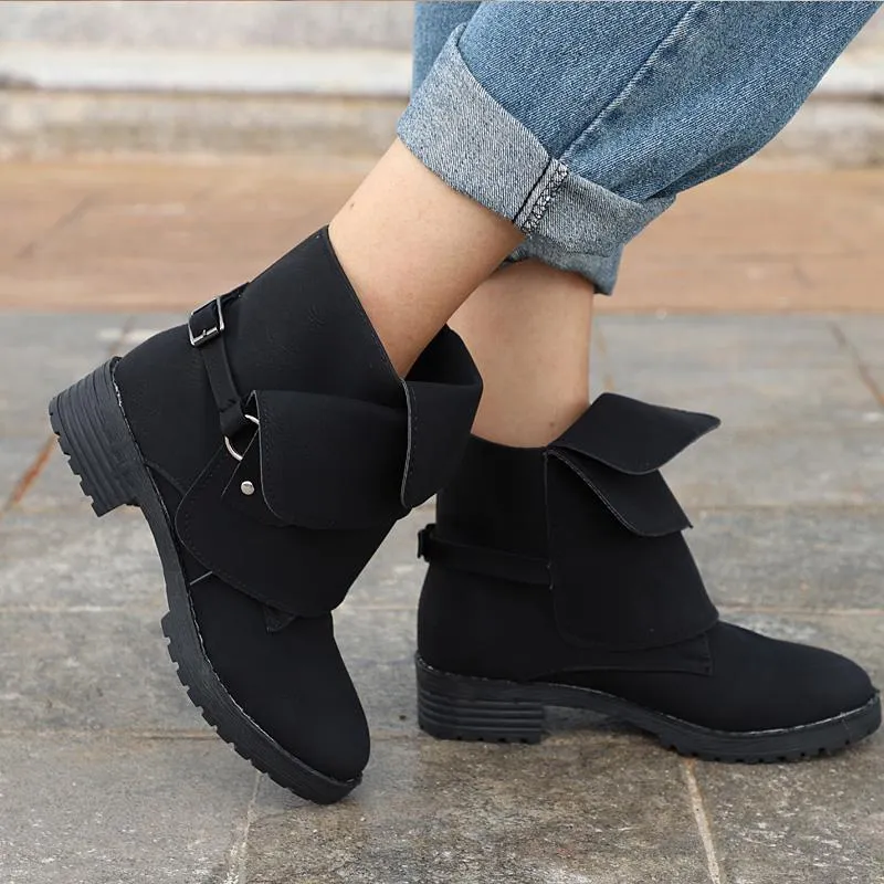 Chicvane Women's Winter Flat Buckle Retro Ankle Martin boots With Rivet