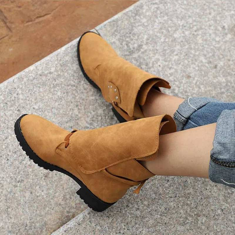 Chicvane Women's Winter Flat Buckle Retro Ankle Martin boots With Rivet