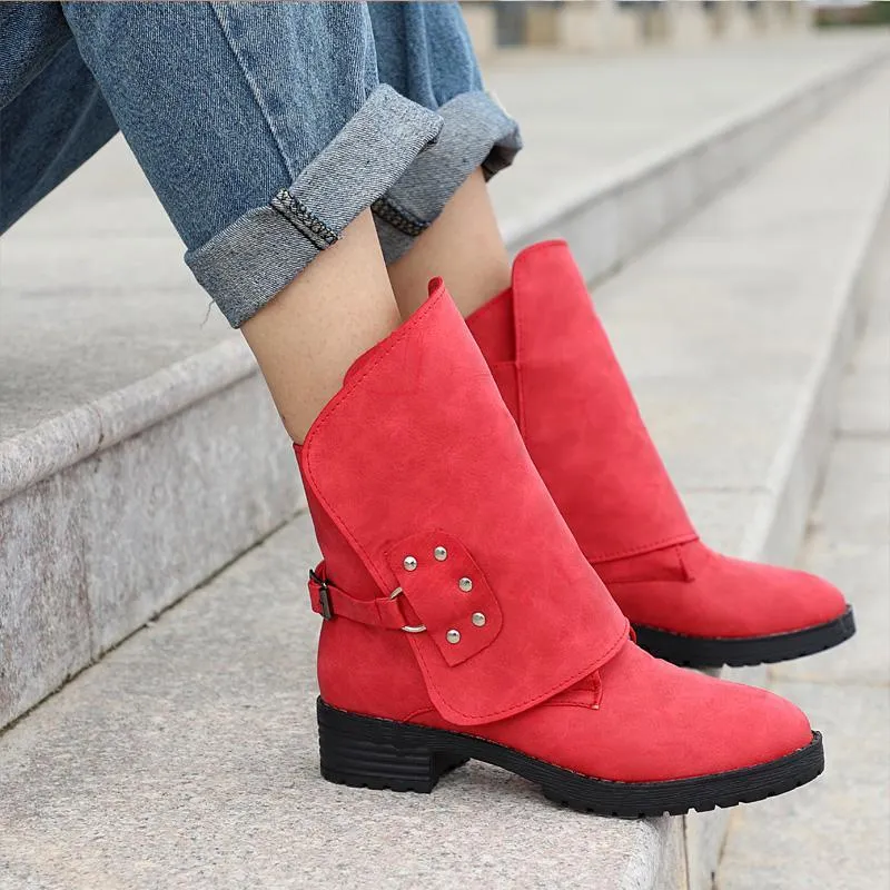 Chicvane Women's Winter Flat Buckle Retro Ankle Martin boots With Rivet