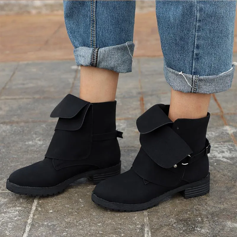 Chicvane Women's Winter Flat Buckle Retro Ankle Martin boots With Rivet