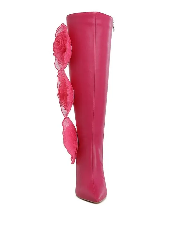 Chinkara Sheer Big Rose Detail Long 4" High Heel Boots