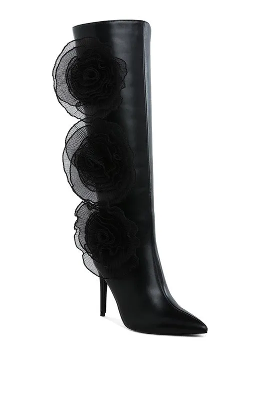 Chinkara Sheer Big Rose Detail Long 4" High Heel Boots