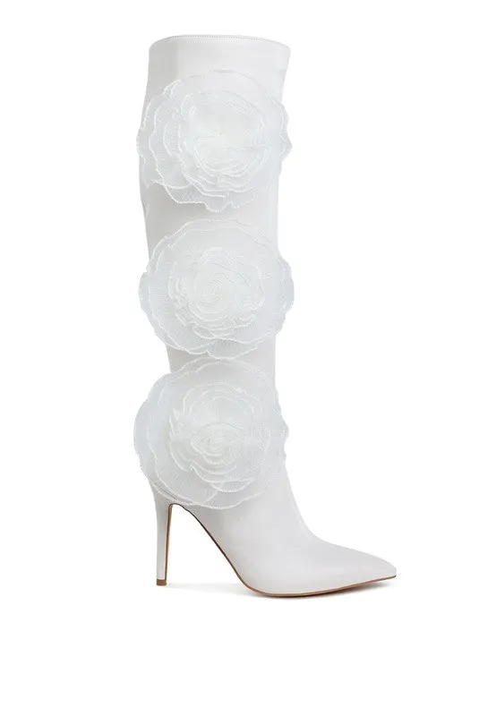Chinkara Sheer Big Rose Detail Long 4" High Heel Boots