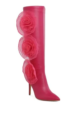 Chinkara Sheer Big Rose Detail Long 4" High Heel Boots