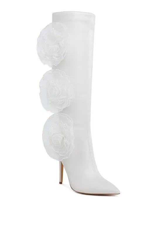 Chinkara Sheer Big Rose Detail Long 4" High Heel Boots