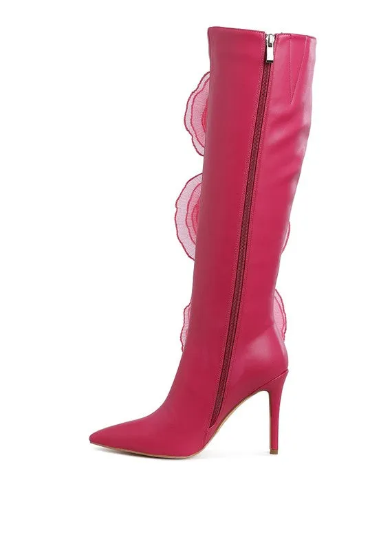Chinkara Sheer Big Rose Detail Long 4" High Heel Boots