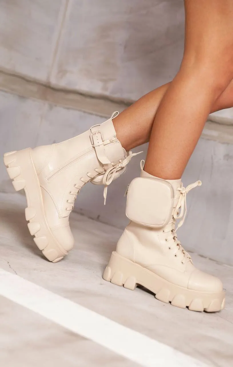 Cream PU Faux Leather Lace Up Pouch Detail Chunky Platform Ankle Biker Boots - Katey