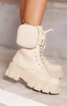 Cream PU Faux Leather Lace Up Pouch Detail Chunky Platform Ankle Biker Boots - Katey