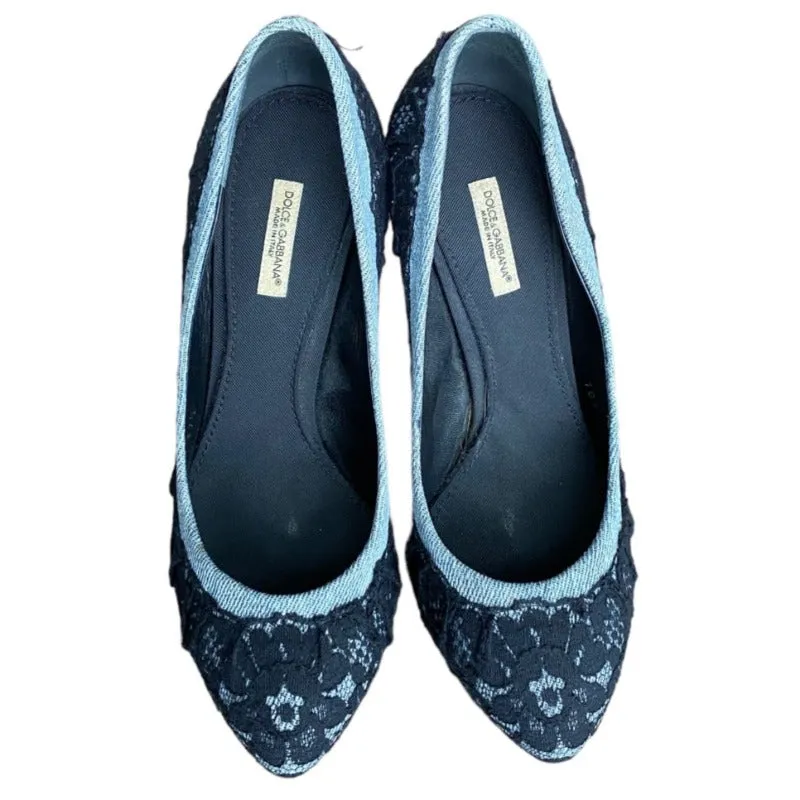 DOLCE & GABBANA Black/Light Blue Lace and Denim Hidden Platform Pumps, Size 37.5