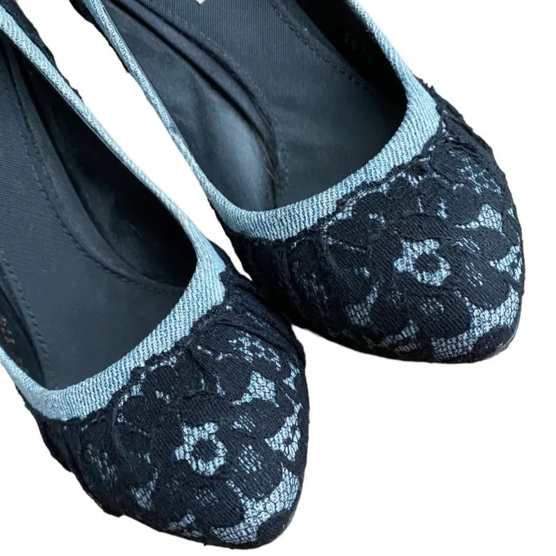 DOLCE & GABBANA Black/Light Blue Lace and Denim Hidden Platform Pumps, Size 37.5